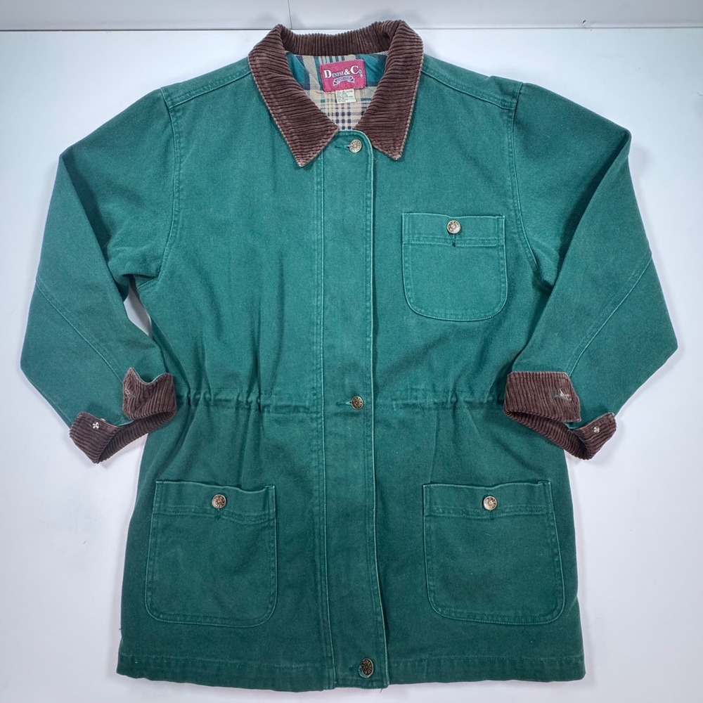 Denim & Co Green Cotton Canvas Barn Jacket Plaid Lined Corduroy Trim Small